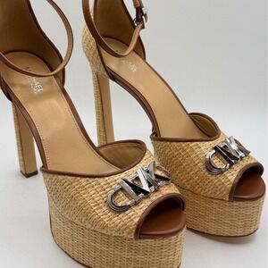 Michael Kors Martina Straw Peep-Toe Platform Pump Sandals Tan Brown